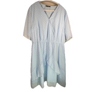 BTFBM Dress Womens Plus 3X Baby Blue Swiss Dot Ruffle Wrap V Neck Short Sleeve